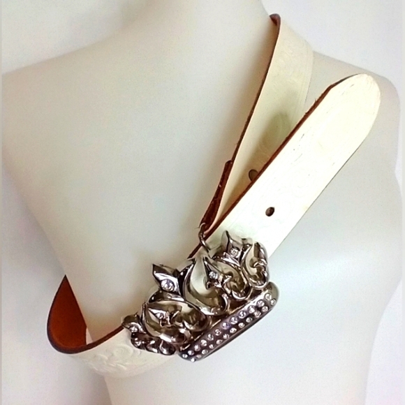 VINTAGE WHITE HAND TOOLED LEATHER CROWN BUCKLE BELT - Picture 2 of 6